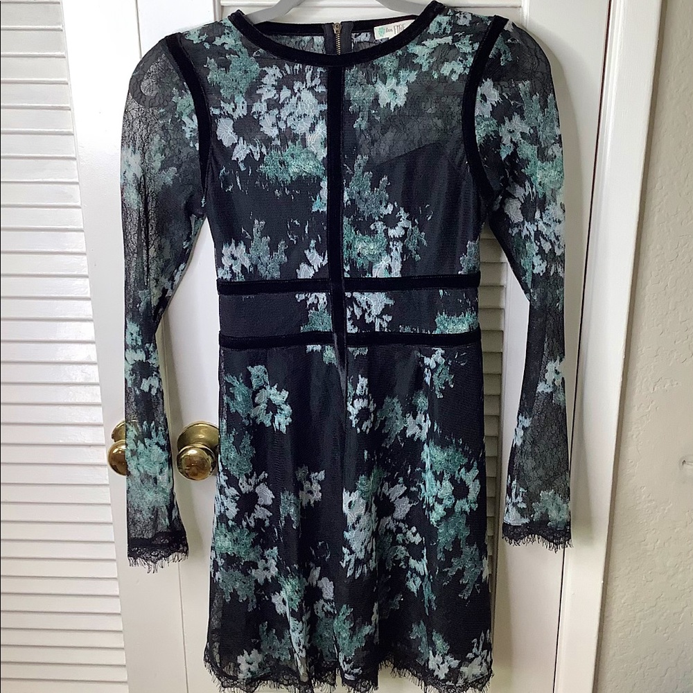 Black/green floral lace dress with velvet detail